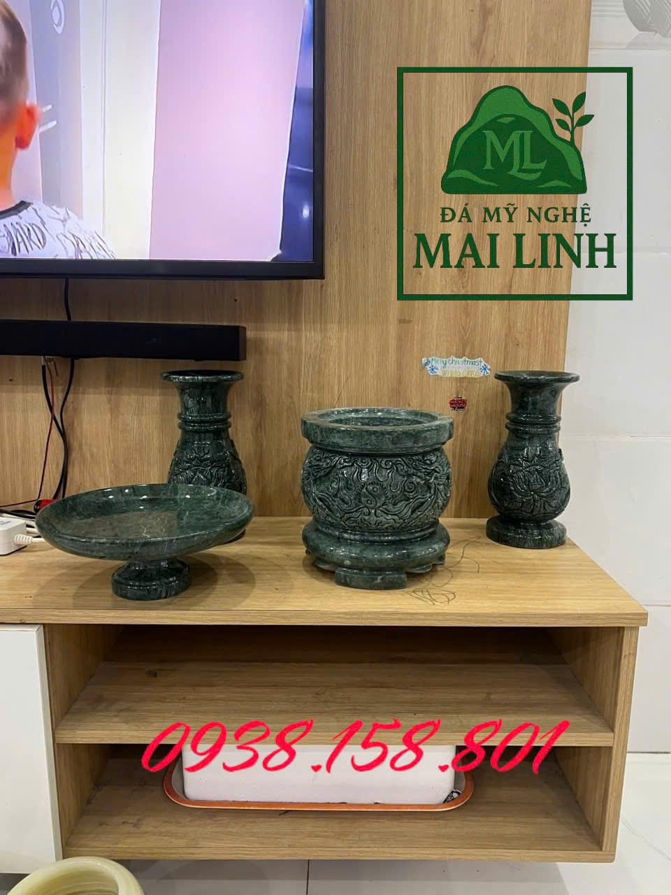 Bộ lư hương đá xanh ấn