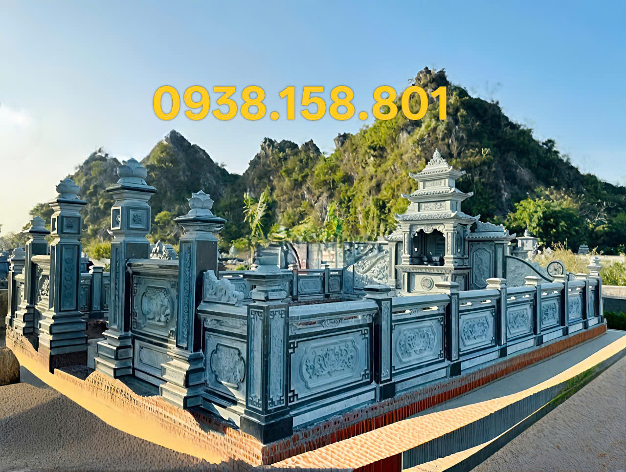 mãu lan can khuôn viên lăng mộ bằng đá xanh rêu đẹp nhất 