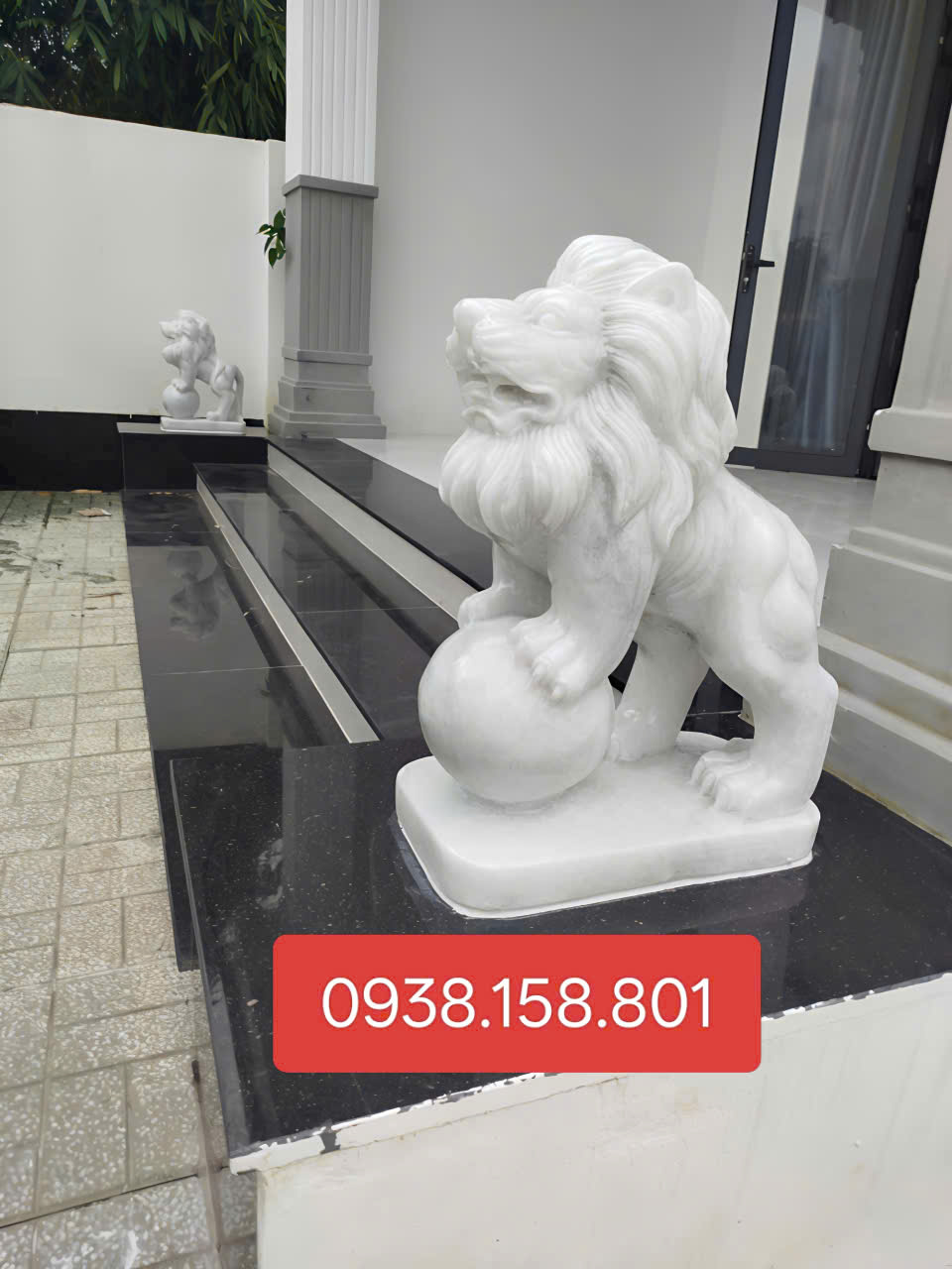 Mẫu tượng sư tử đá trắng cẩm thạch Đà Nẵng trước nhà kích thước 80cm